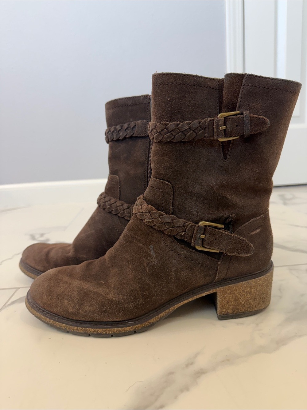 Aetrex Brown Suede Braided Strap Ankle Boots